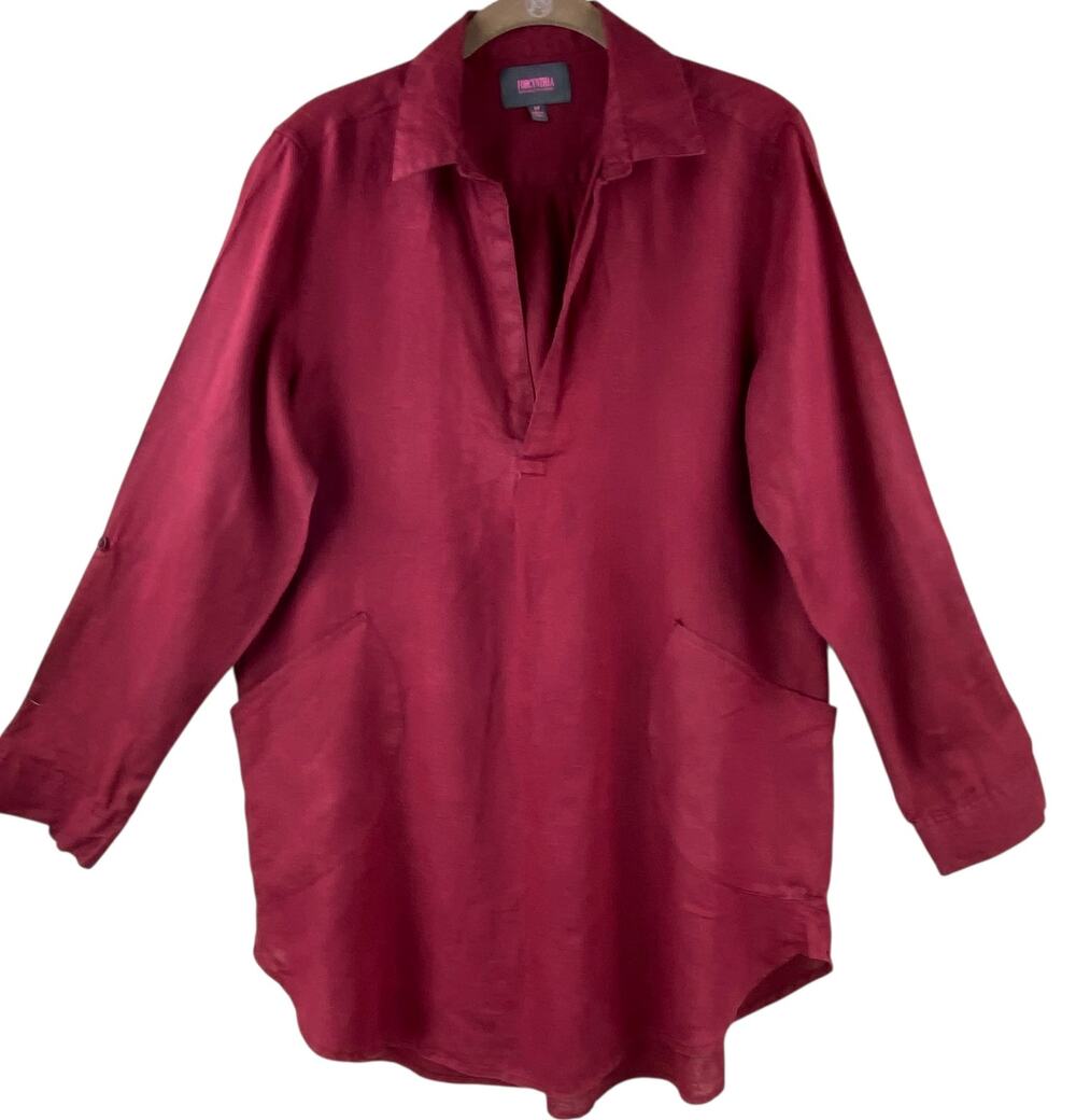 For Cynthia Beach Wear 100% Linen Blouse Size M Deep Red Pop Over